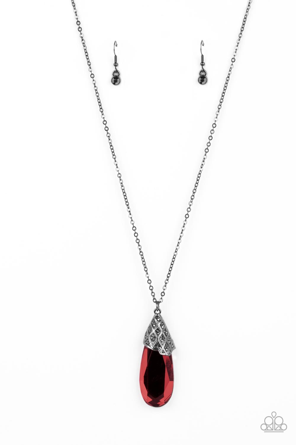 Dibs on the Dazzle - Red Teardrop Gem Gunmetal Fitting Necklace Paparazzi N1241