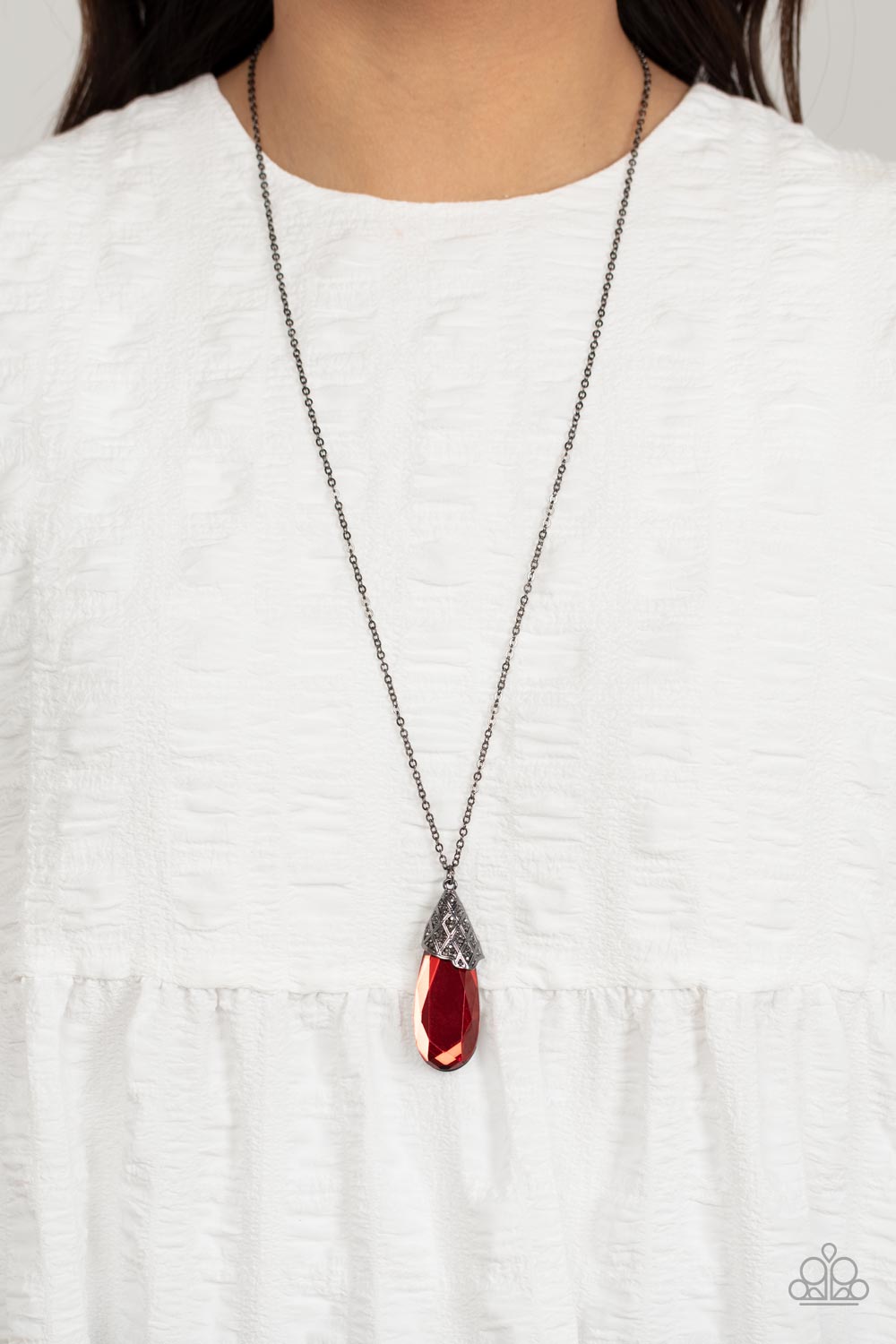 Dibs on the Dazzle - Red Teardrop Gem Gunmetal Fitting Necklace Paparazzi N1241