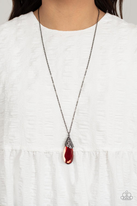 Dibs on the Dazzle - Red Teardrop Gem Gunmetal Fitting Necklace Paparazzi N1241