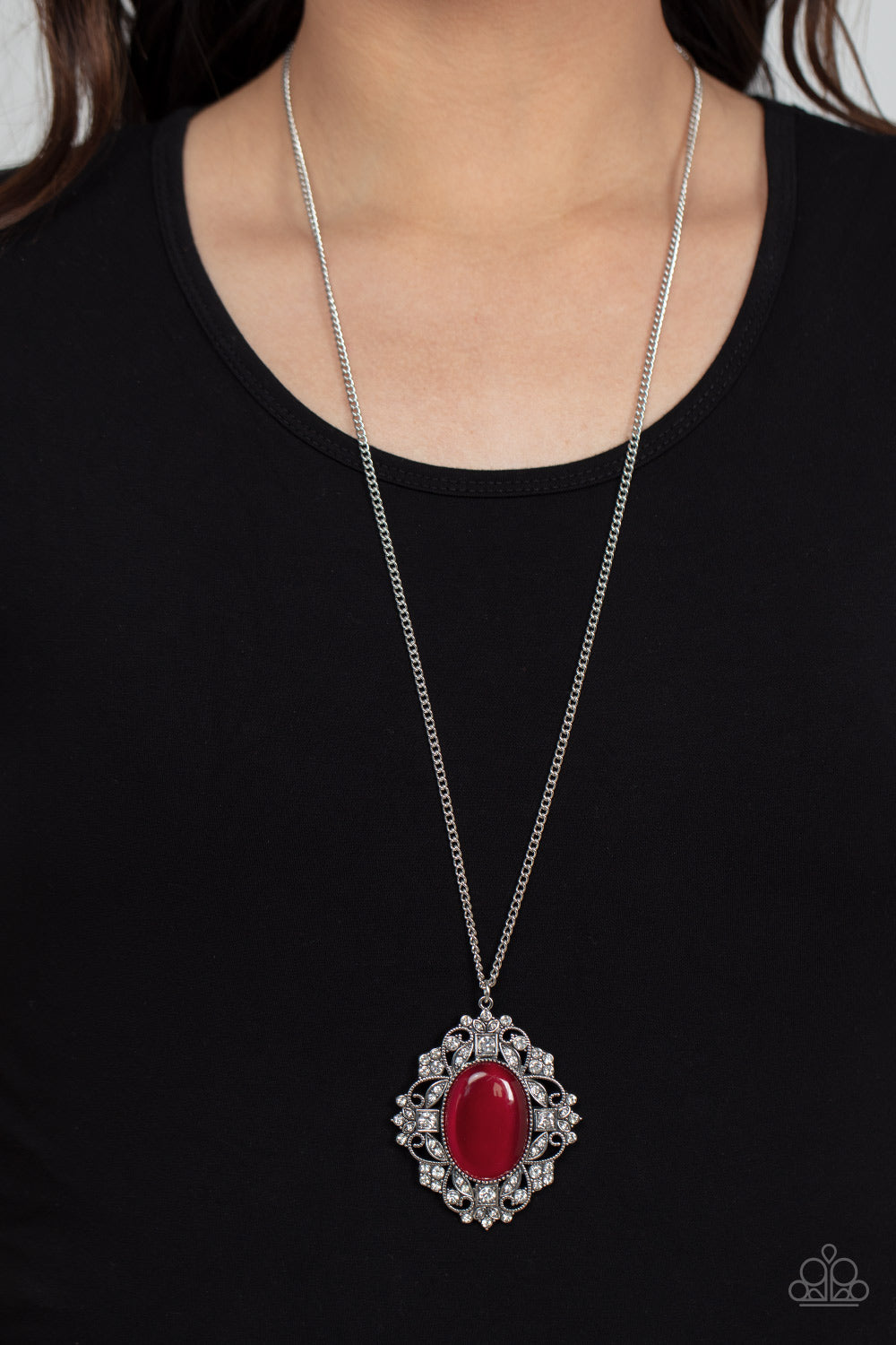 Dream Board Dazzle - Red Cat's Eye Stone & White Rhinestone Filigree Necklace Paparazzi N1423