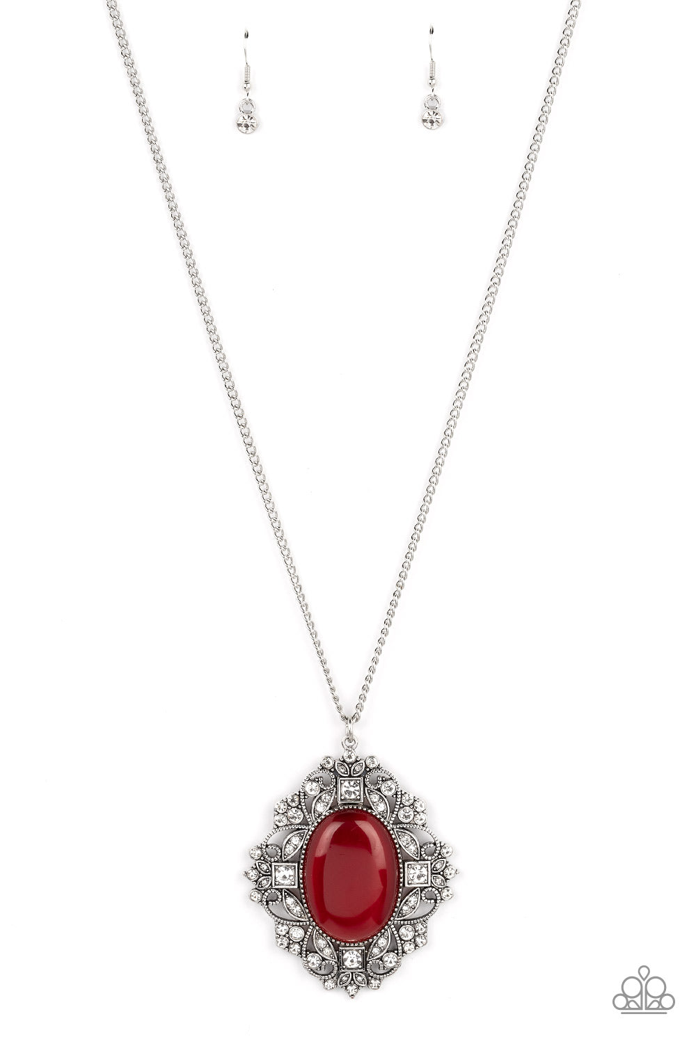 Dream Board Dazzle - Red Cat's Eye Stone & White Rhinestone Filigree Necklace Paparazzi N1423