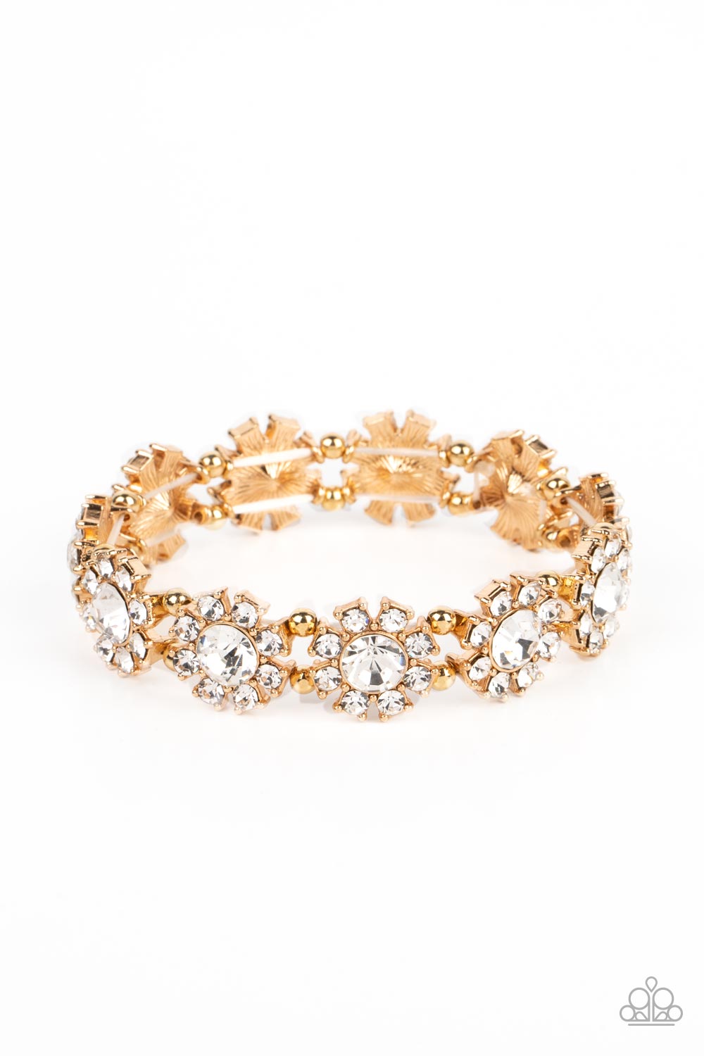 Premium Perennial - Gold White Rhinestone Flower Stretch Bracelet Paparazzi B0834