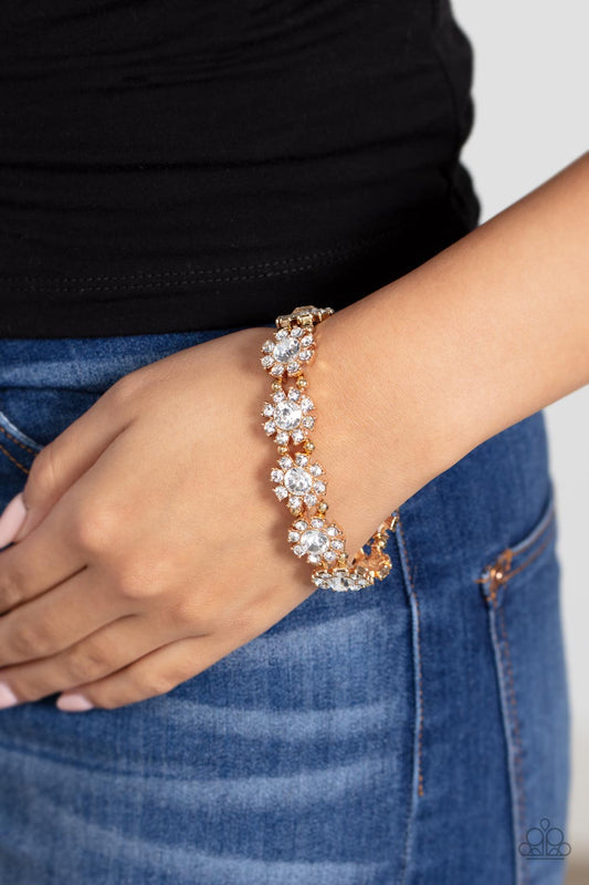 Premium Perennial - Gold White Rhinestone Flower Stretch Bracelet Paparazzi B0834