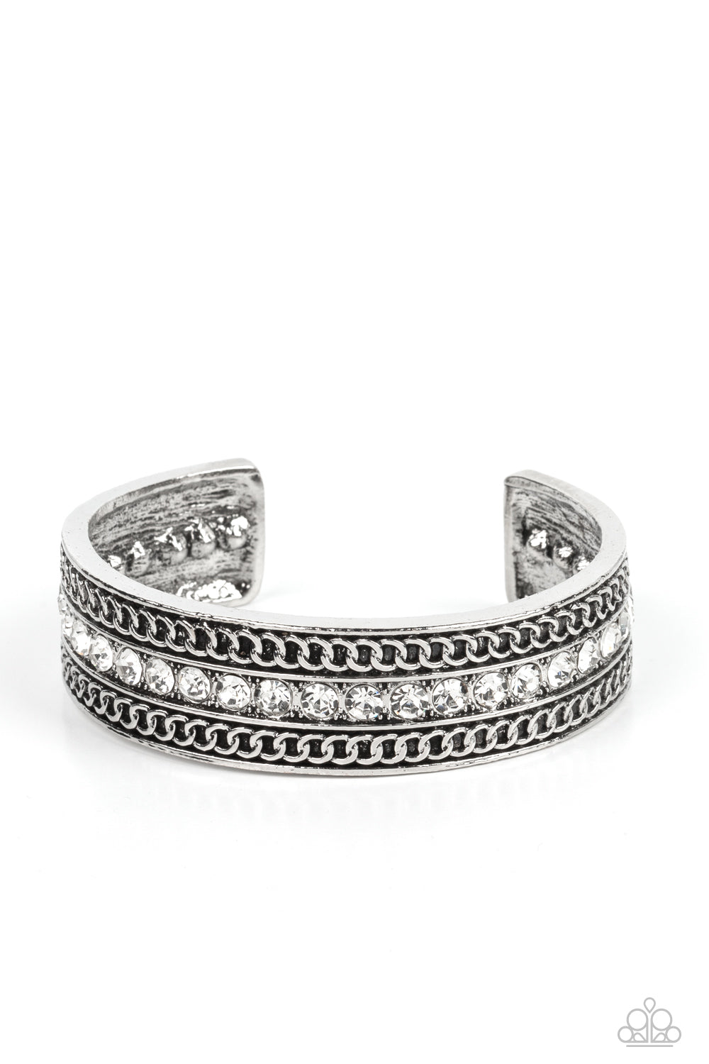 Grit Goals - White Rhinestone Cuff Bracelet Paparazzi B0731