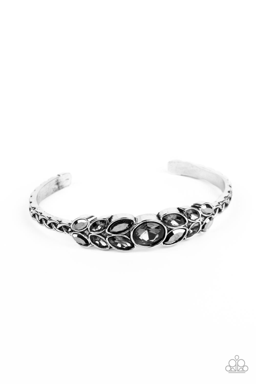 Vogue Vineyard - Silver Smoky Hematite & Rhinestone Cuff Bracelet Paparazzi B1045