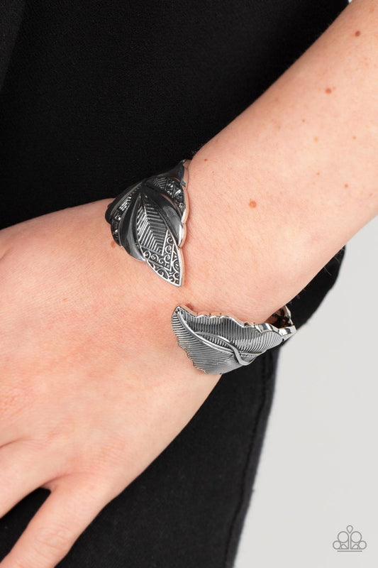 American Art - Silver Feather Hinge Cuff Santa Fe Style Bracelet Paparazzi B0965