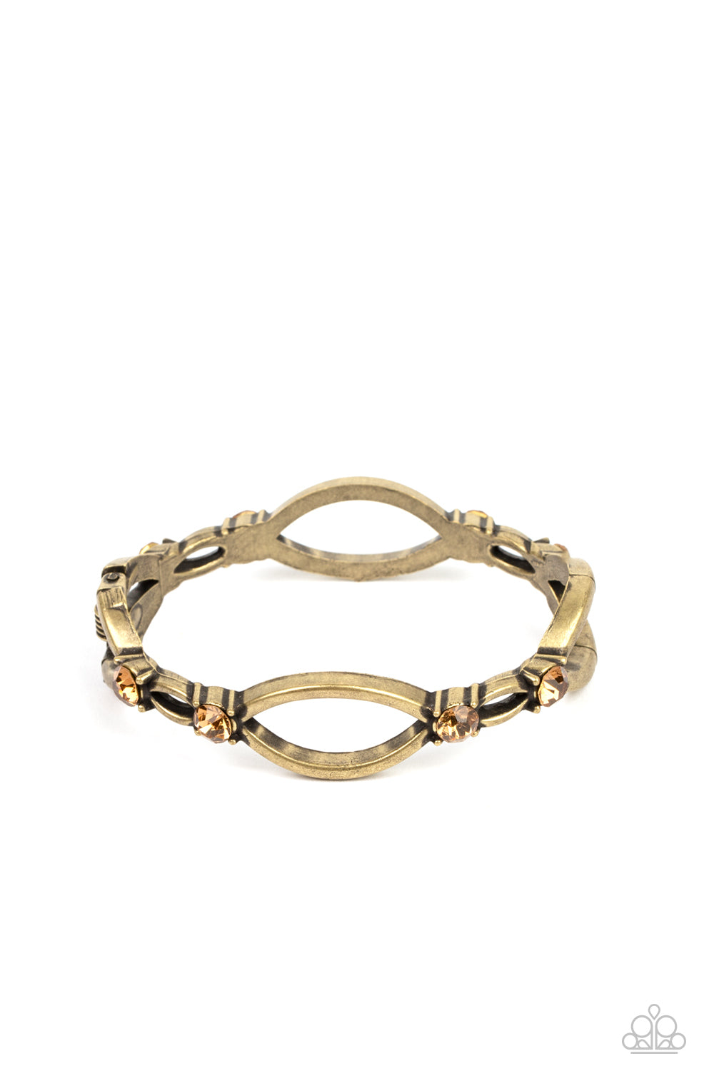 Interwoven Illusion - Brass Aurum Rhinestone Hinge Bracelet Paparazzi B0923