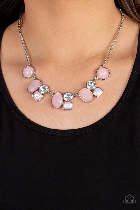 Fantasy World - Pink - Opaque Baby Pink White Rhinestone Necklace Paparazzi N1544