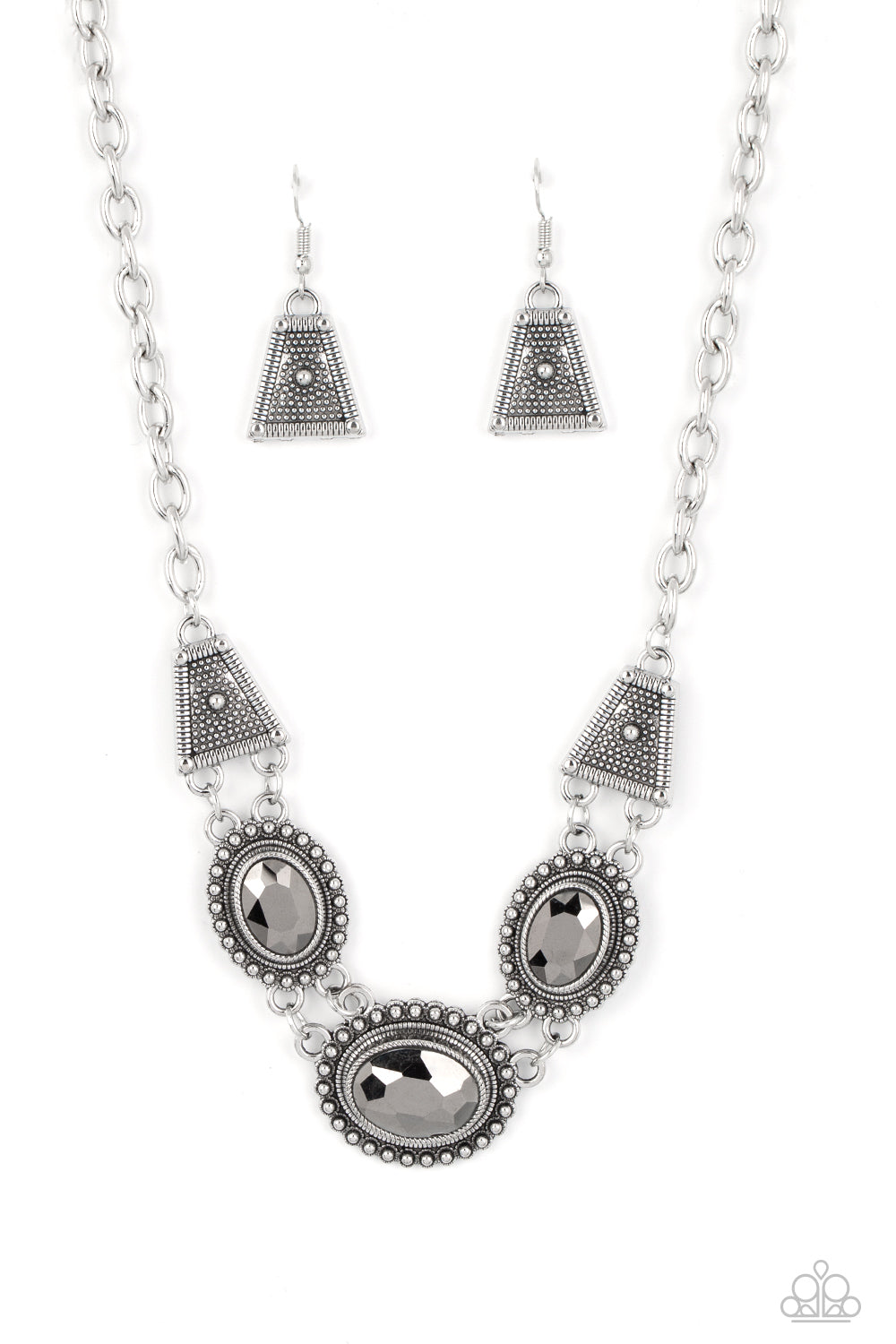 Textured TRAPEZOID - Silver Hematite Rhinestone Necklace Paparazzi N1173