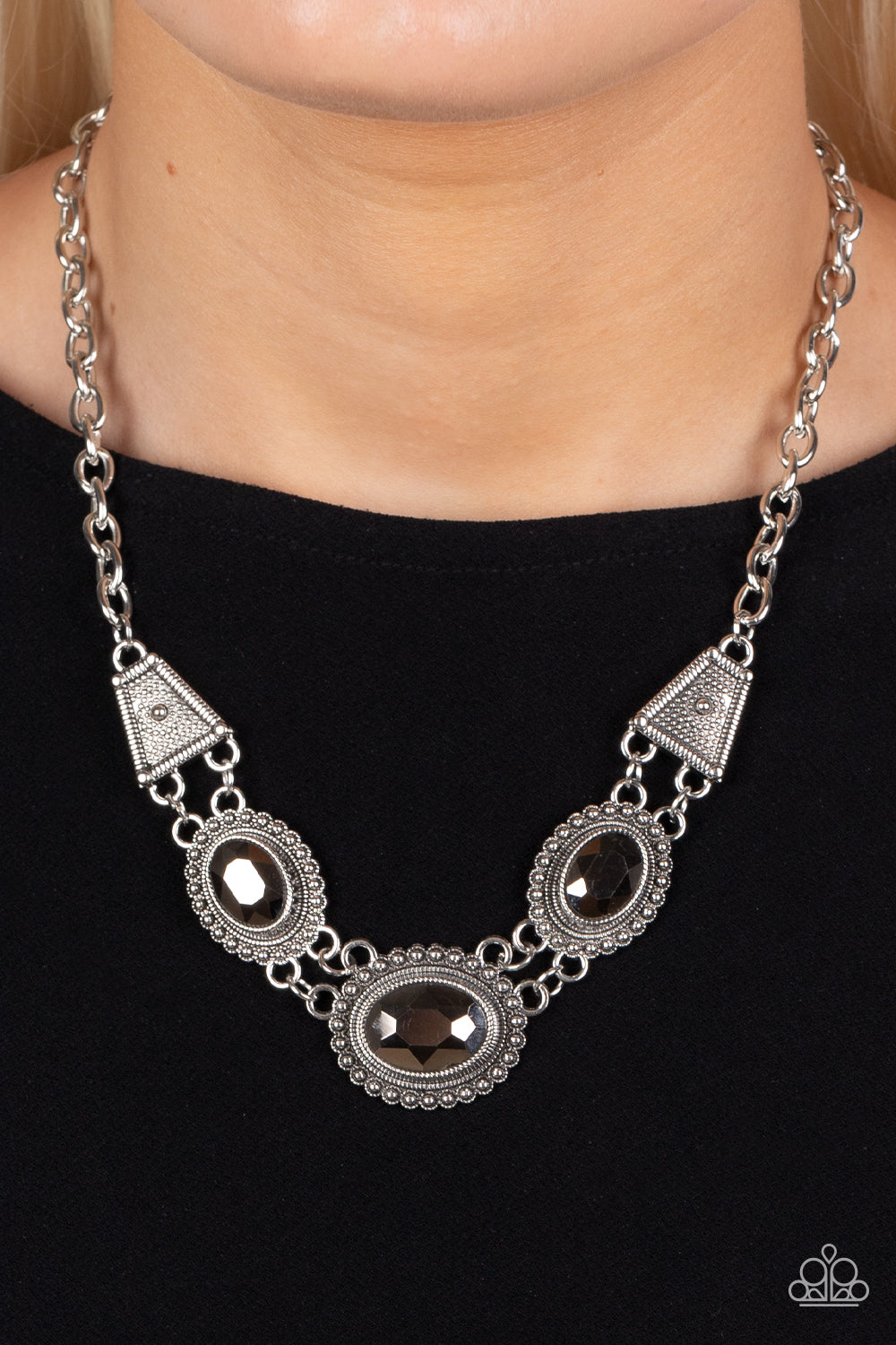 Textured TRAPEZOID - Silver Hematite Rhinestone Necklace Paparazzi N1173