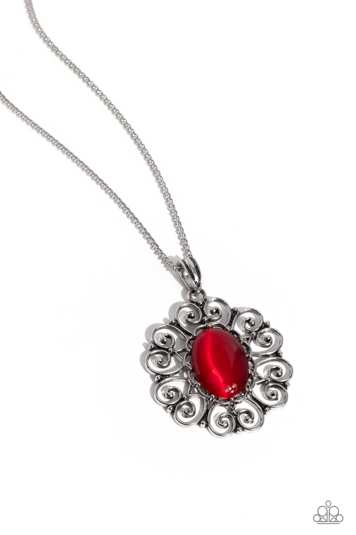 Sentimental Sabbatical - Red Cat's Eye Stone Silver Pendant Necklace Paparazzi N2107