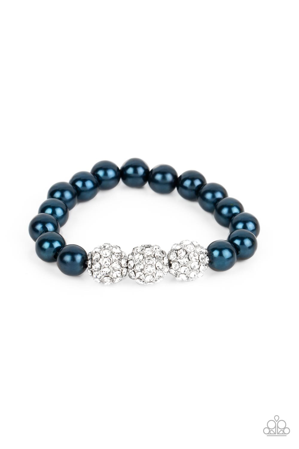 Breathtaking Ball - Blue Montanna Pearl Bead Silver Rhinestone Encrusted Ball Stretch Bracelet Paparazzi B1325