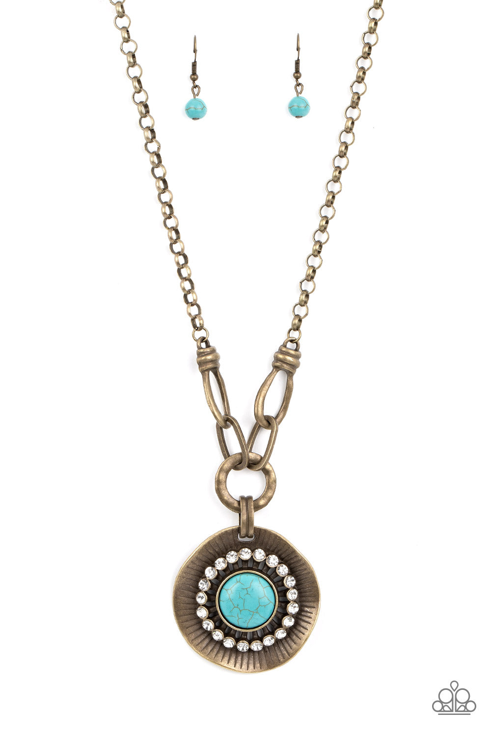 Badlands Treasure Hunt - Brass Turquoise Stone With White Rhinestone Necklace Paparazzi N1358