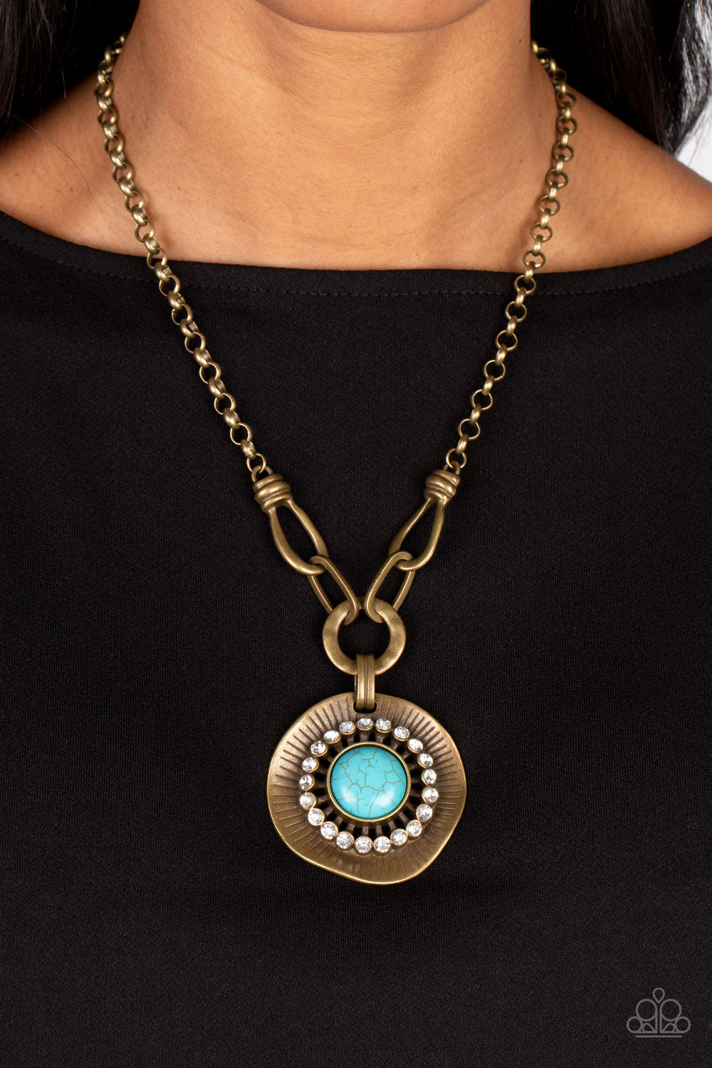 Badlands Treasure Hunt - Brass Turquoise Stone With White Rhinestone Necklace Paparazzi N1358