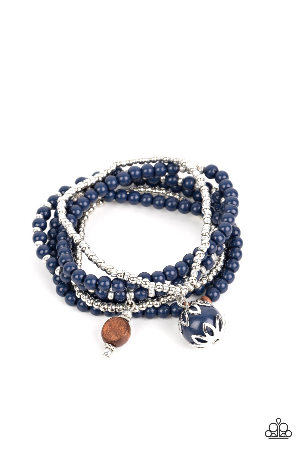 Epic Escapade - Blue Navy, Silver & Wooden Bead Stretch Bracelet Paparazzi B0136