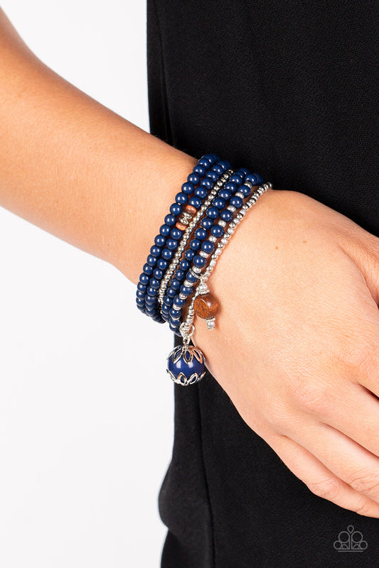 Epic Escapade - Blue Navy, Silver & Wooden Bead Stretch Bracelet Paparazzi B0136