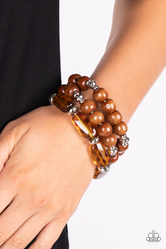 WILD-Mannered - Brown Cheetah Pattern, Acrylic And Wood Bead Stretch Bracelet Paparazzi B0734