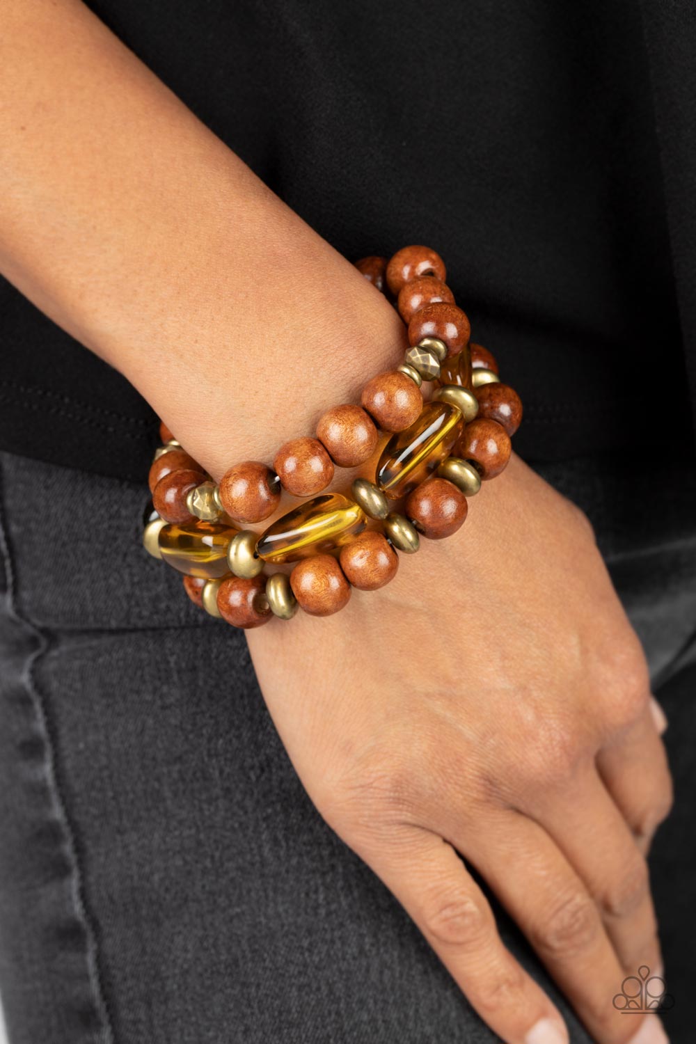 WILD-Mannered - Brass Cheetah Like Pattern, Acrylic & Wooden Bead Stretch Bracelet Paparazzi B0795