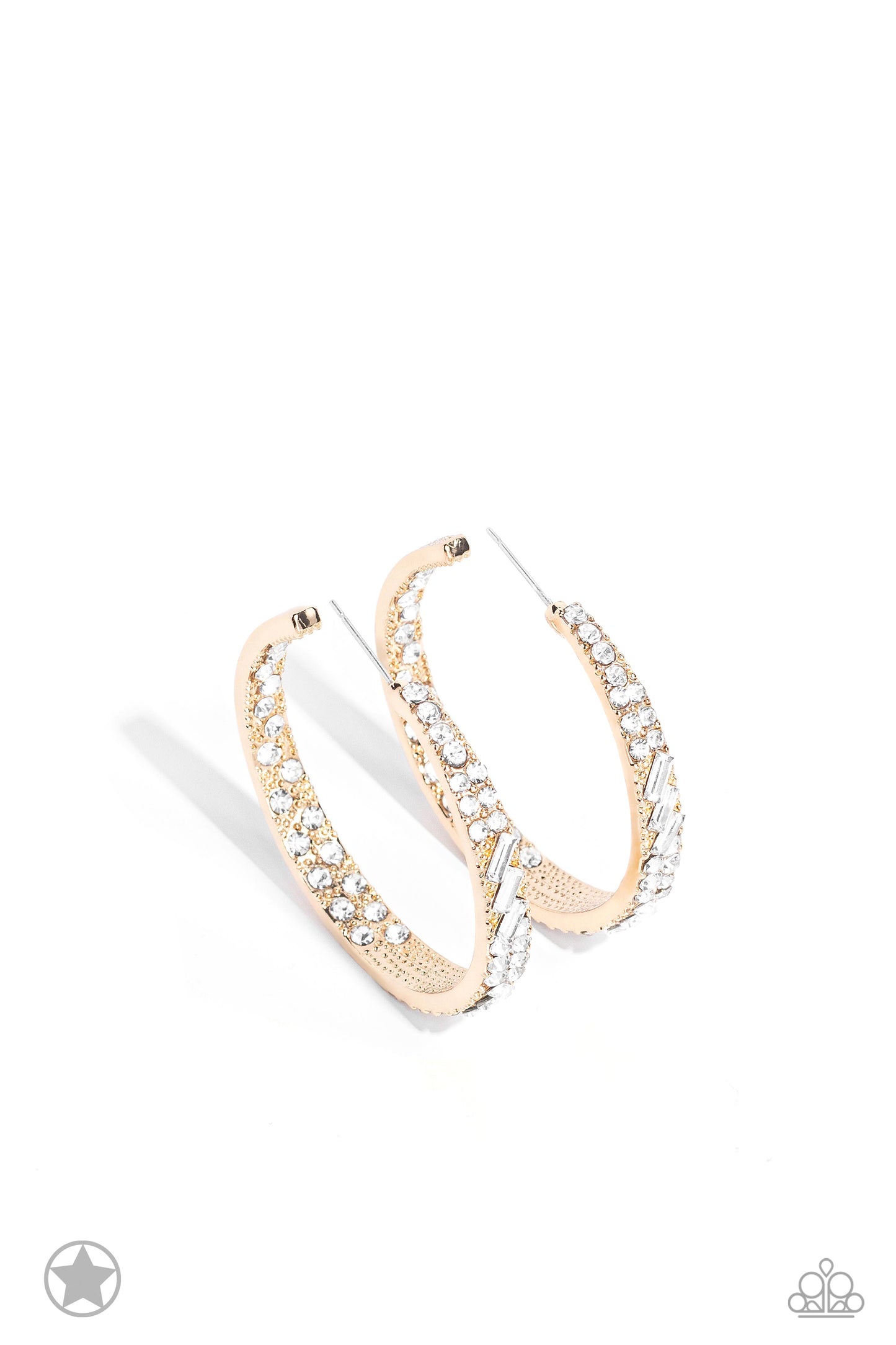 GLITZY By Association - Gold White Rhinestone 1 3/4 Inch Hoop Earring Blockbuster Paparazzi E1401