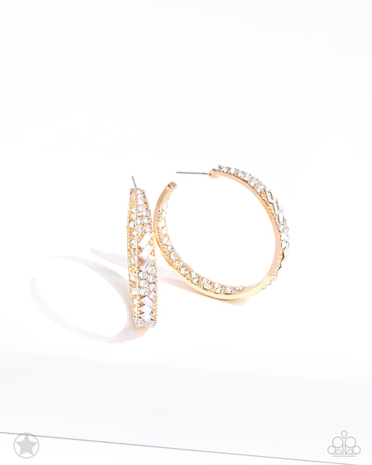 GLITZY By Association - Gold White Rhinestone 1 3/4 Inch Hoop Earring Blockbuster Paparazzi E1401