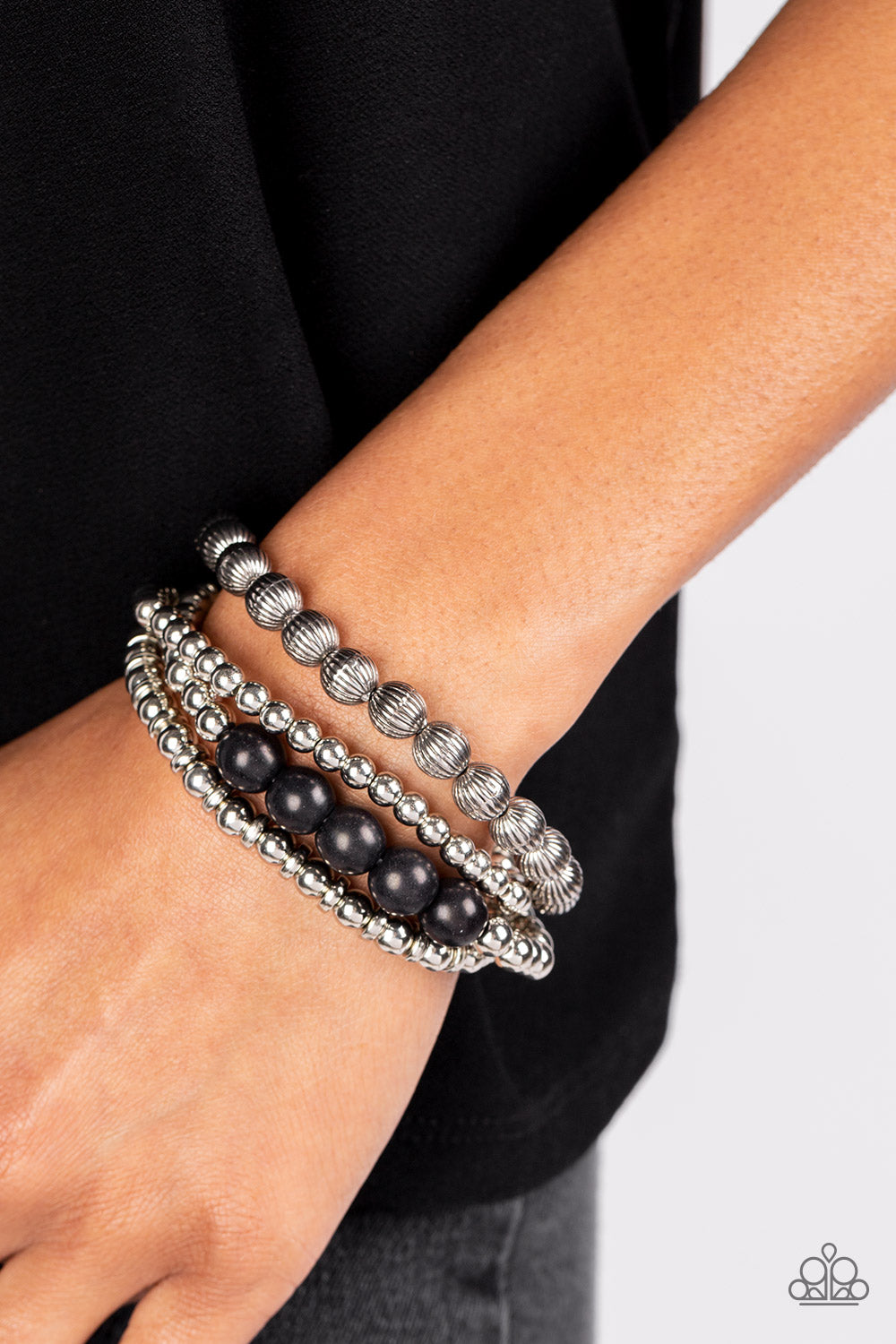 Wildland Wanderer - Black Stone & Silver Bead Santa Fe Style Stretch Bracelet Paparazzi B0826