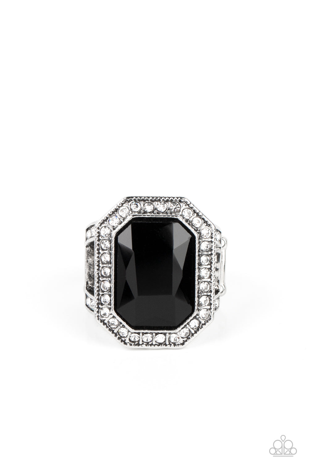 A Royal Welcome - Black Gem White Rhinestone Ring Paparazzi R0270