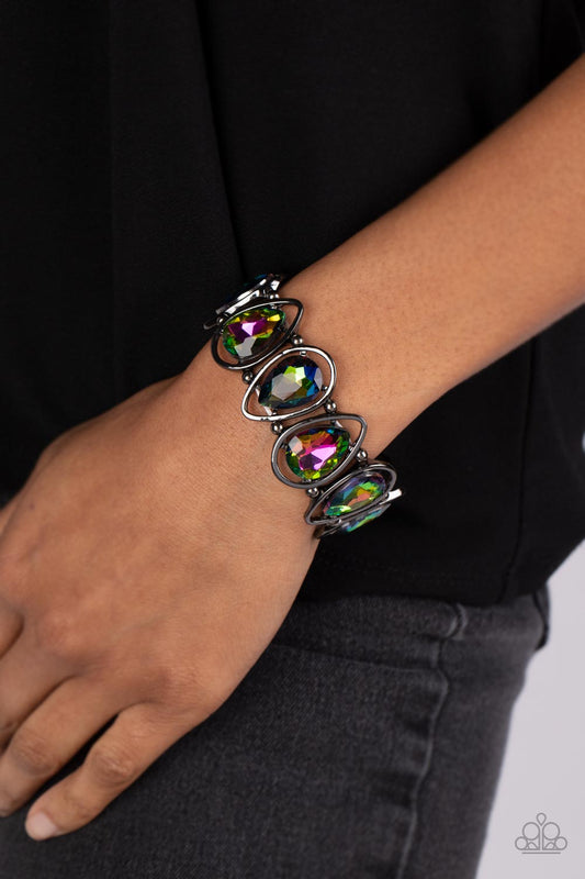 The Sparkle Society - Multi Oil Spill Gunmetal Teardrop Frame Stretch Bracelet Paparazzi B0748