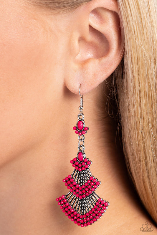 Eastern Expression - Pink Peacock Bead Silver Earring Paparazzi E1758