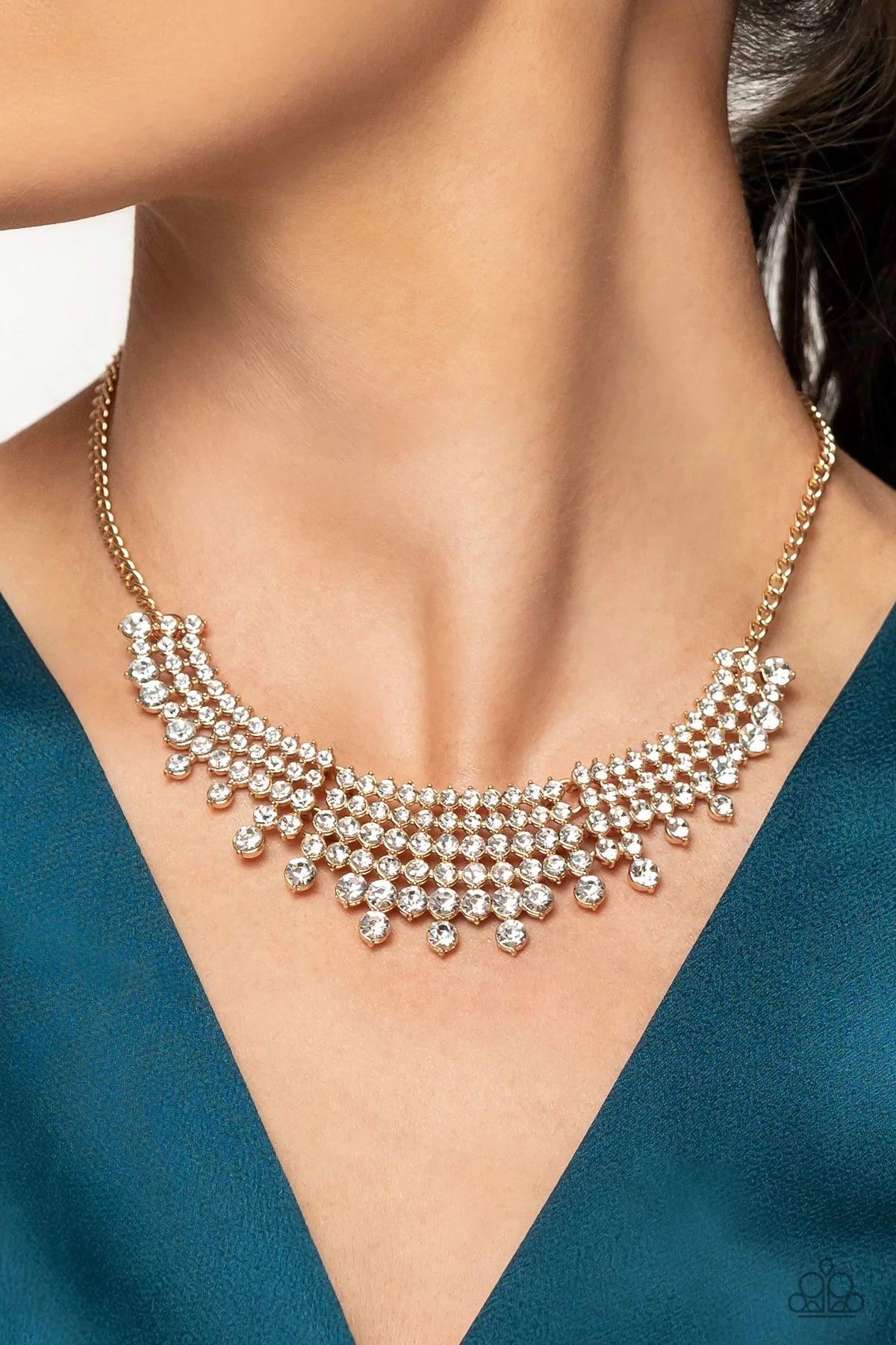 Shimmering Song Gold & White Rhinestone Necklace Life Of The Party January 2023 Paparazzi N1280