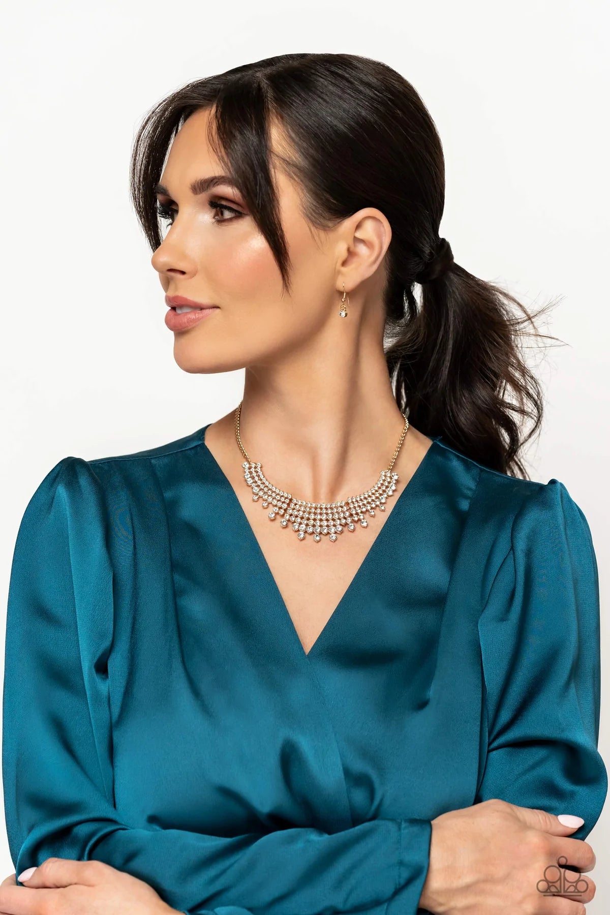 Shimmering Song Gold & White Rhinestone Necklace Life Of The Party January 2023 Paparazzi N1280
