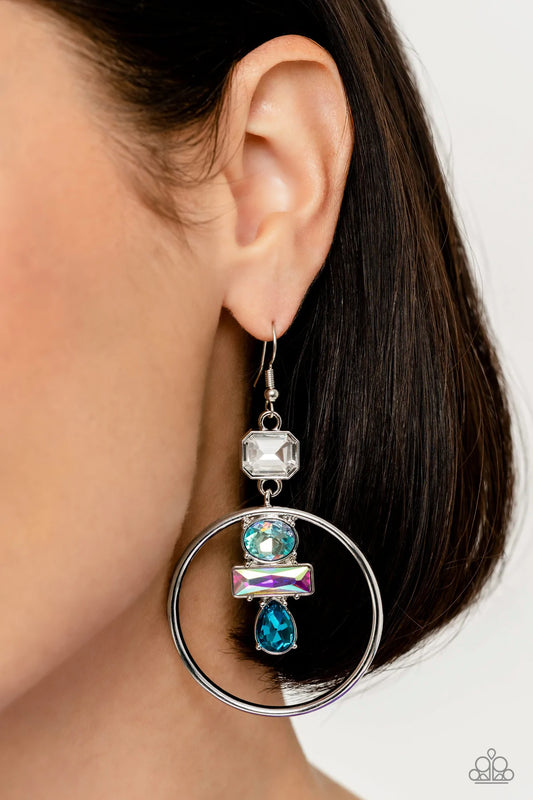 Geometric Glam Blue & Iridescent Gem Earring Life Of The Party January 2023 Paparazzi E1145