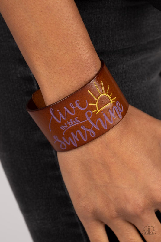 Sunshine Season - Purple Urban Brown Leather Inspirational Snap Bracelet "live in the sunshine"Paparazzi B1129