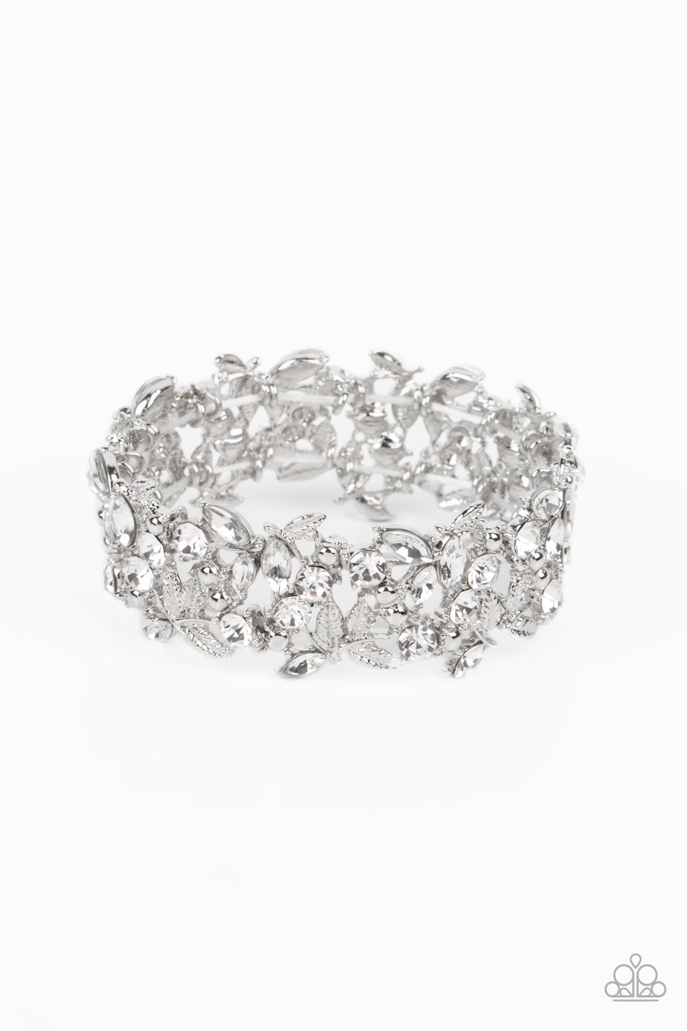 Feathered Finesse -White Gem Feather Detail Stretch Bracelet Paparazzi B0550