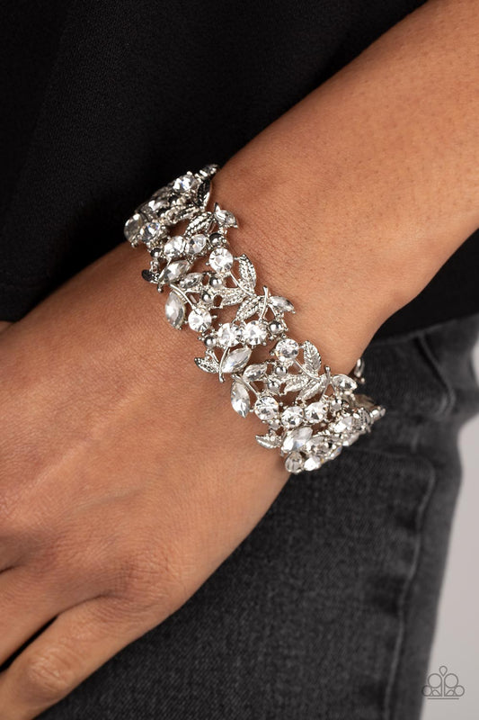 Feathered Finesse -White Gem Feather Detail Stretch Bracelet Paparazzi B0550