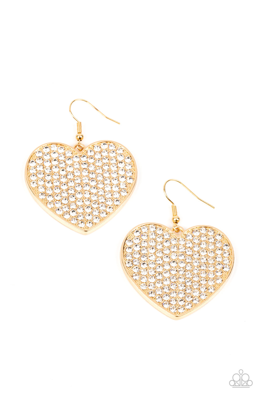 Romantic Reign - Gold Heart White Rhinestone Earring Paparazzi E1205