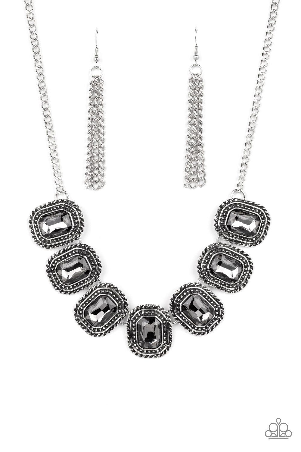 Iced Iron - Silver Hematite Rhinestone Necklace Paparazzi N1038 Convention Exclusive