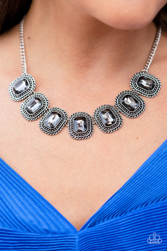 Iced Iron - Silver Hematite Rhinestone Necklace Paparazzi N1038 Convention Exclusive