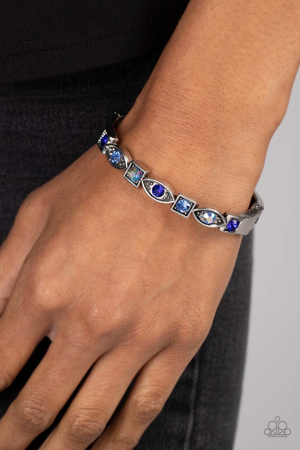 Poetically Picturesque - Blue Iridescent And Sapphire Rhinestone Hinge Bracelet Paparazzi B0750