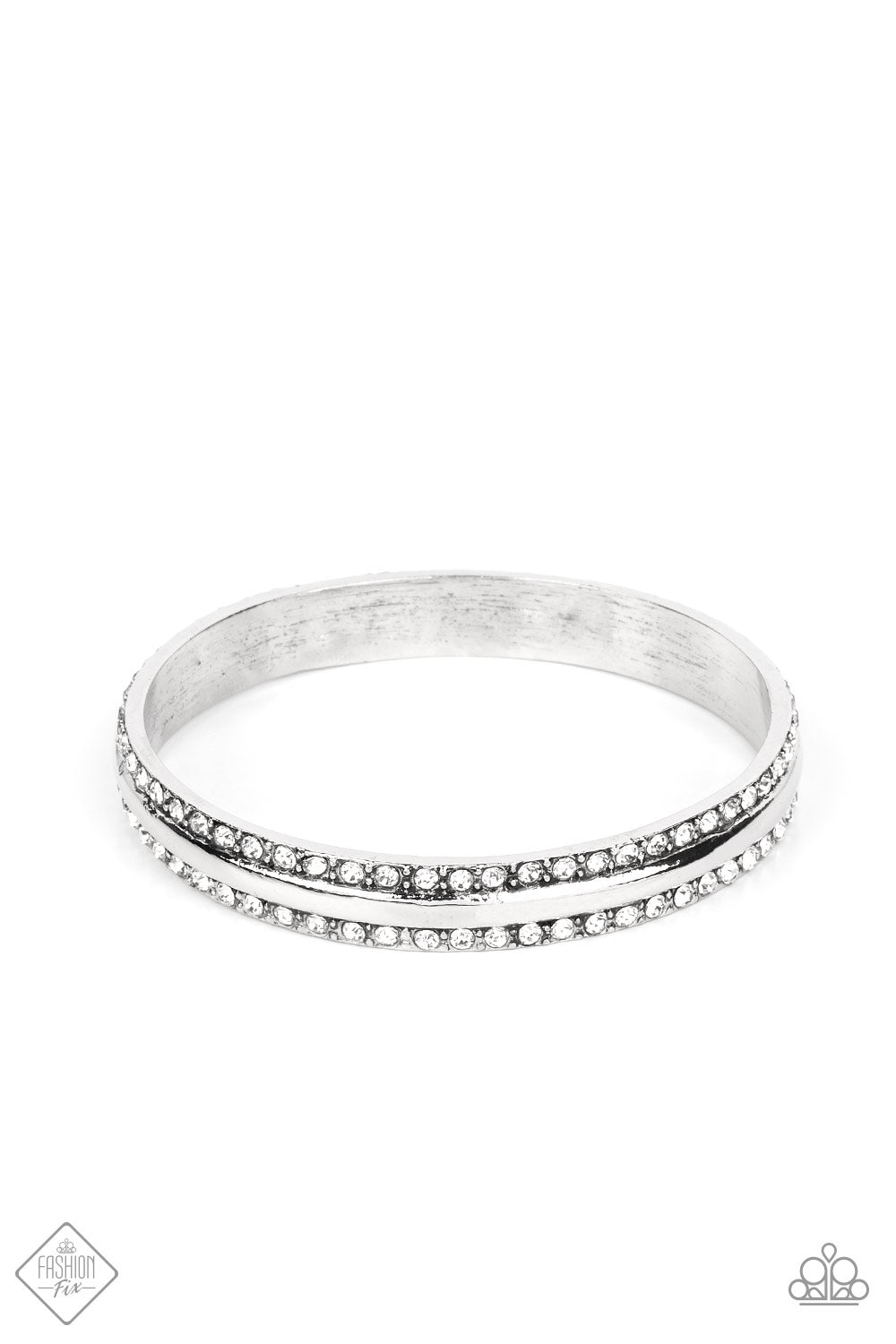 Forged Uproar - White Rhinestone Silver Bangle Bracelet Fashion Fix September 2022 Paparazzi B0691