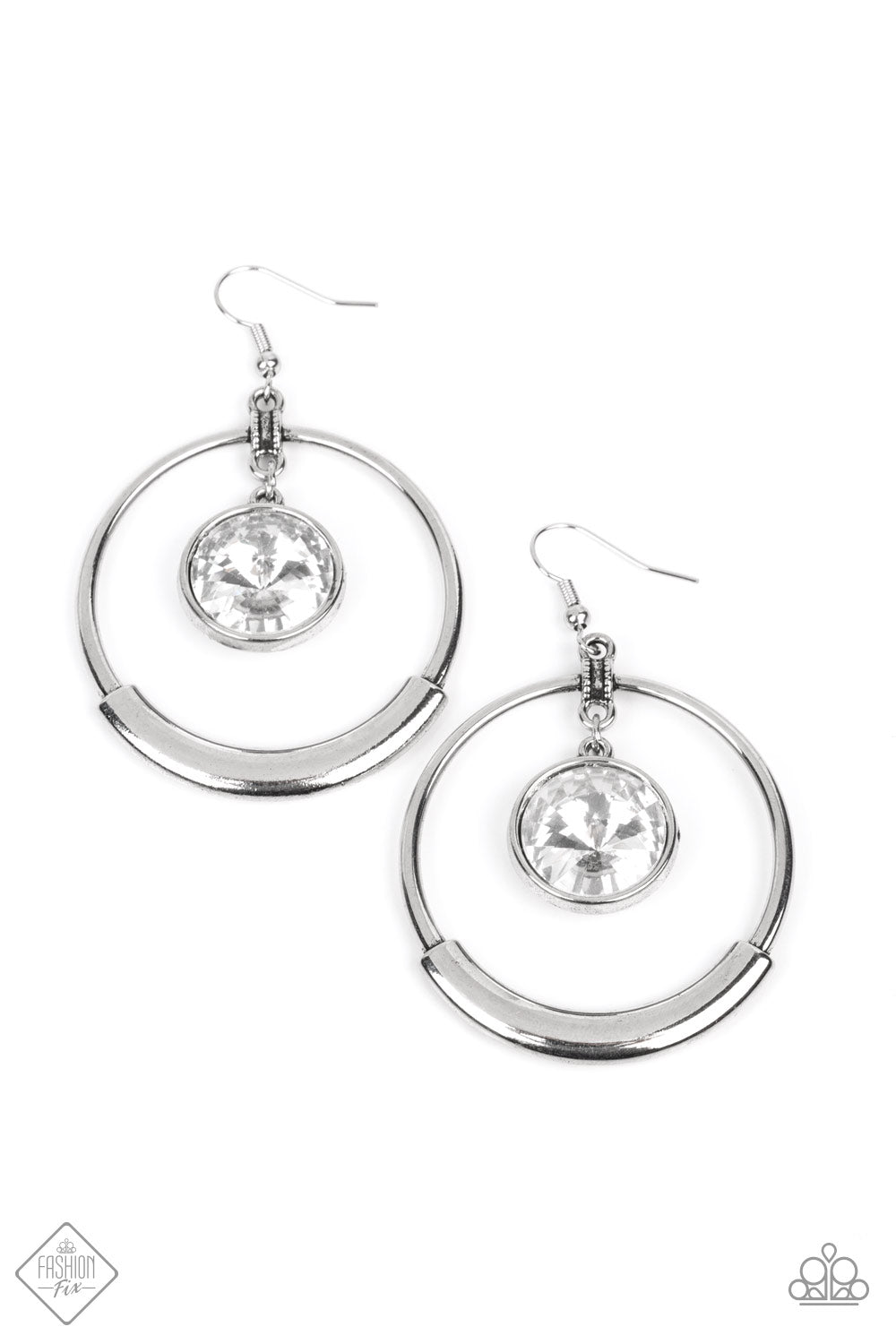 Urban Echo - White Gem Silver Hoop Earring Fashion Fix September 2022 Paparazzi E0947