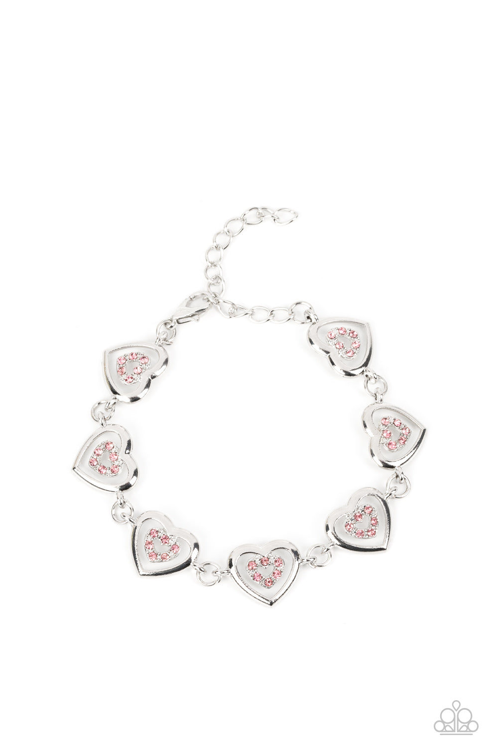 Catching Feelings - Pink Rhinestone Silver Heart Bracelet Paparazzi B0974