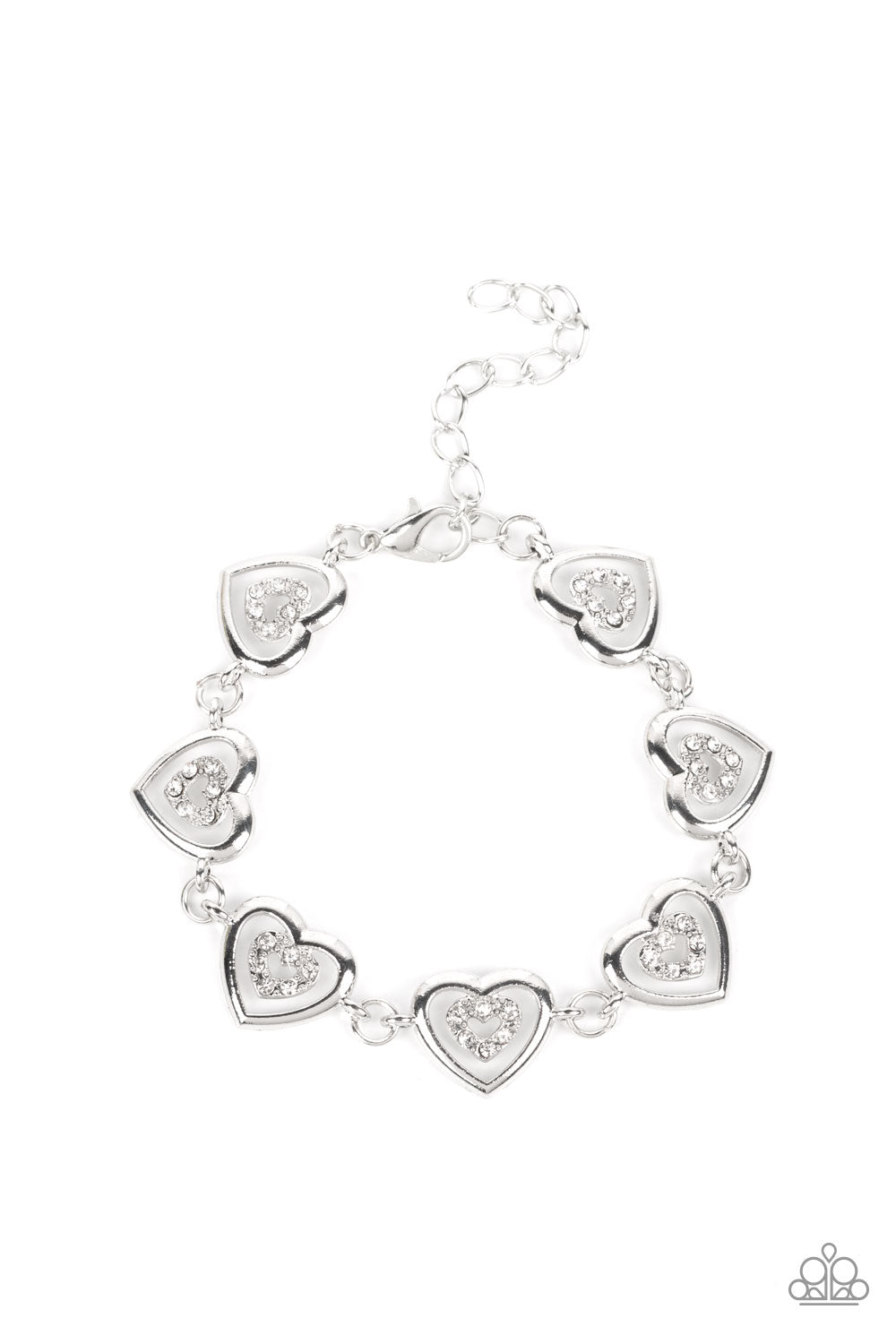 Catching Feelings - White Rhinestone & Silver Heart Bracelet Paparazzi B0881