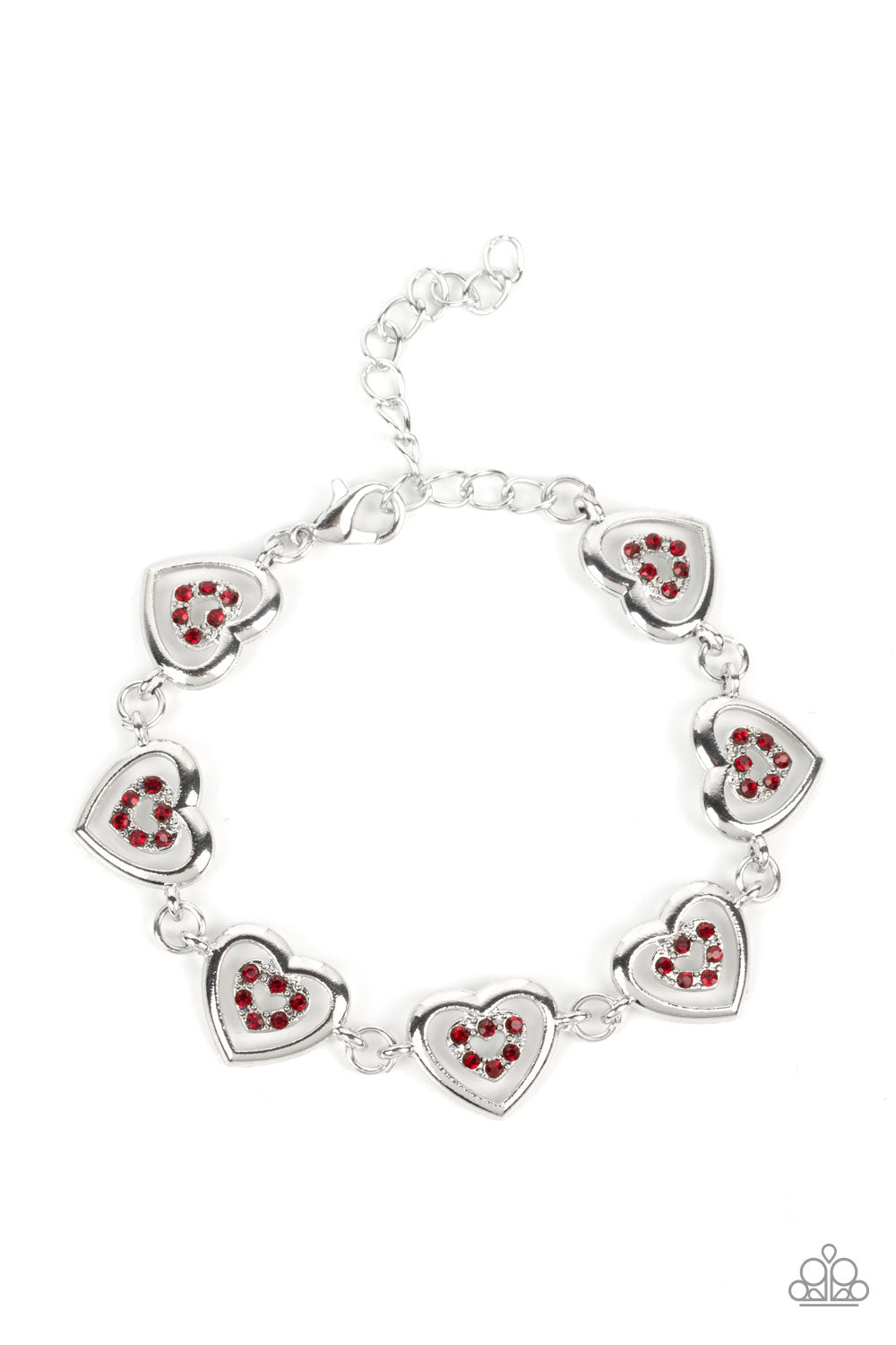 Catching Feelings - Red Siam Rhinestone & Silver Heart Bracelet Paparazzi B0910