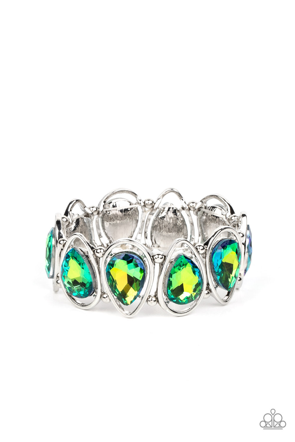 The Sparkle Society - Multi Shimmery Green Teardrop Stretch Bracelet Life Of The Party September 2022 Paparazzi B0701