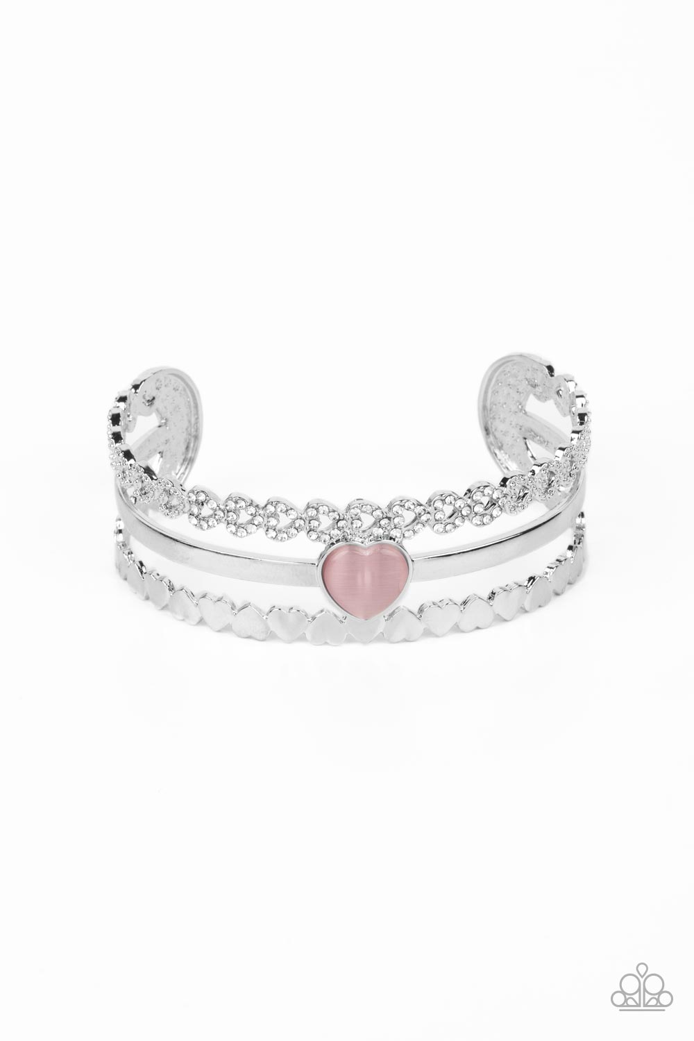 You Win My Heart - Pink Cat's Eye Stone Heart Cuff Bracelet Paparazzi B0902