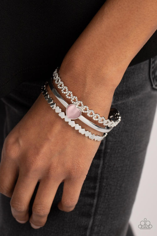 You Win My Heart - Pink Cat's Eye Stone Heart Cuff Bracelet Paparazzi B0902