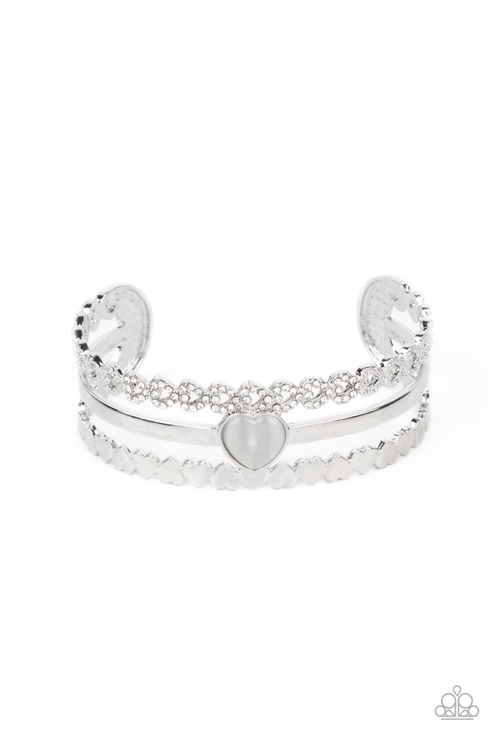 You Win My Heart - White Cat's Eye Stone Heart Silver Cuff Bracelet Paparazzi B0922