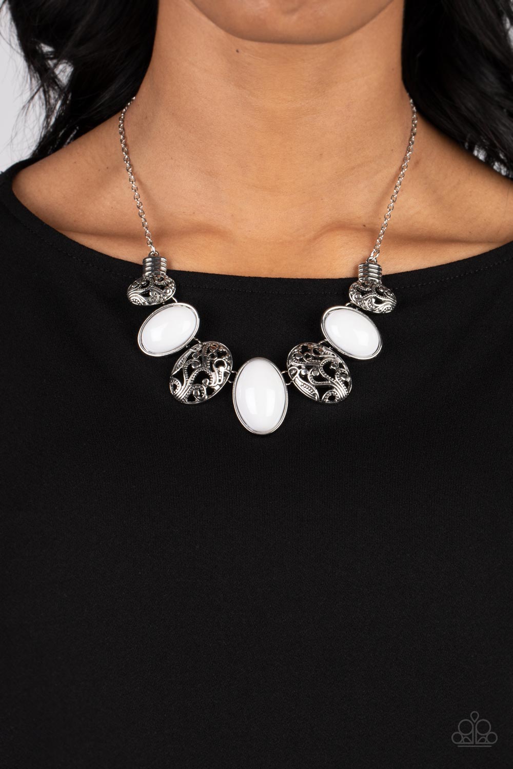 Patterned Paisley - White Bead Silver Filigree Necklace Paparazzi N1261