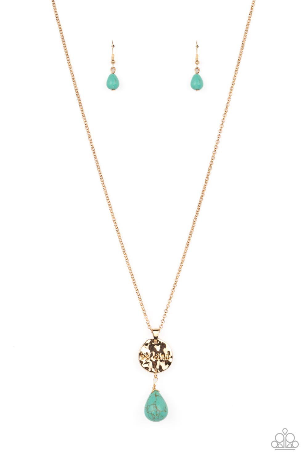 Caring Couture - Gold & Turquoise Teardrop Inspirational Necklace "Be Kind" Paparazzi N1408