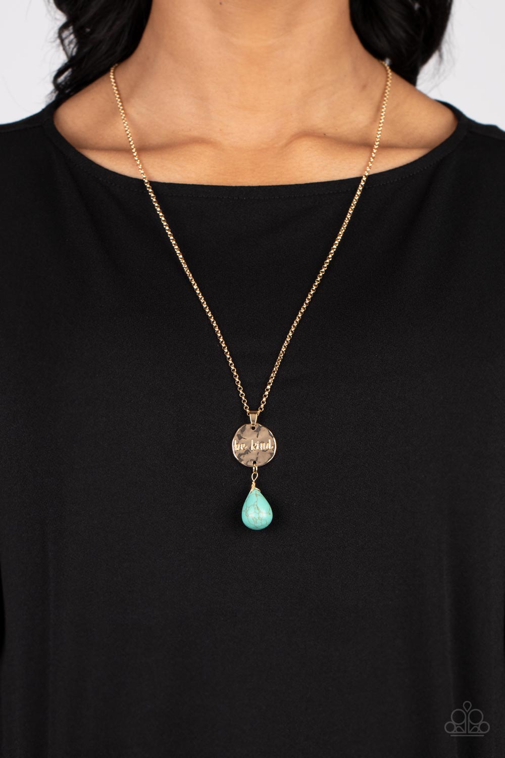 Caring Couture - Gold & Turquoise Teardrop Inspirational Necklace "Be Kind" Paparazzi N1408